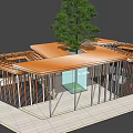 Modern Wooden Pergola With Vertical Slats Roof Beams Green Plants And Blue Accents
