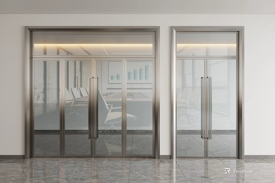 Modern Office Double Glass Doors With Metal Frame And Transparent Design 3d model 