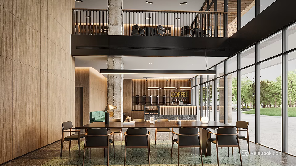 Modern Cafe Interior Design With Wooden Walls Large Windows Double Floor Seating and Coffee Bar 3d model 