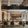 Modern Cafe Interior Design With Wooden Walls Large Windows Double Floor Seating and Coffee Bar