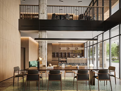 Modern Cafe Interior Design With Wooden Walls Large Windows Double Floor Seating and Coffee Bar 3d model