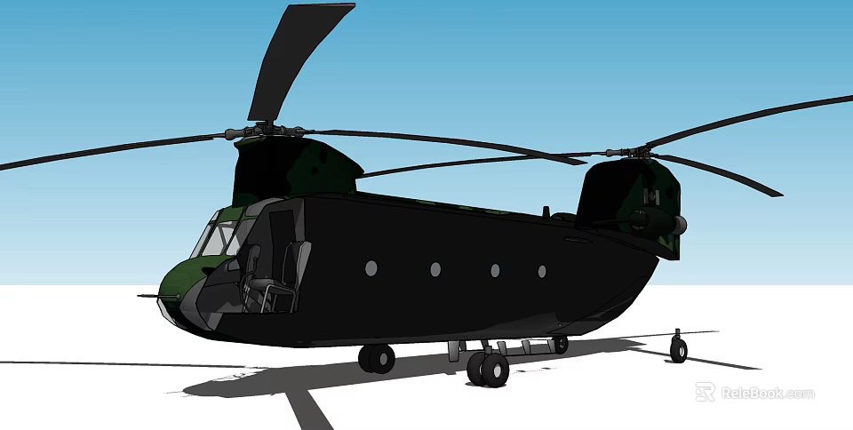 Black and Green Twin Rotor Helicopter with Round Windows Landing Gear against Blue Sky Background 3d model 
