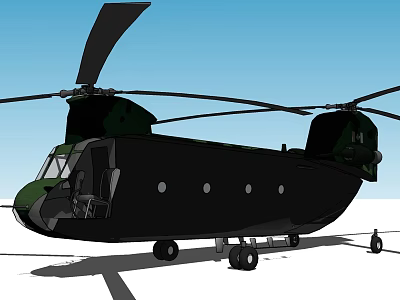 Black and Green Twin Rotor Helicopter with Round Windows Landing Gear against Blue Sky Background 3d model
