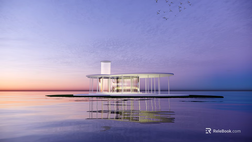 Modern Architectural Waterfront Pavilion with Sunset Sky Reflection and Flying Birds 3d model 