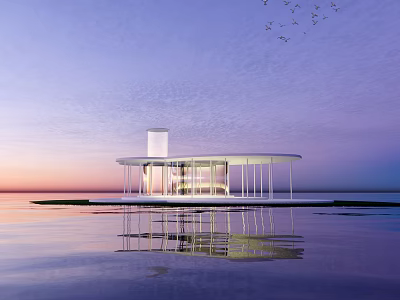 Modern Architectural Waterfront Pavilion with Sunset Sky Reflection and Flying Birds 3d model
