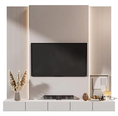Modern TV Background Wall with Striped Panels Soundbar and Decorative Items 3d model