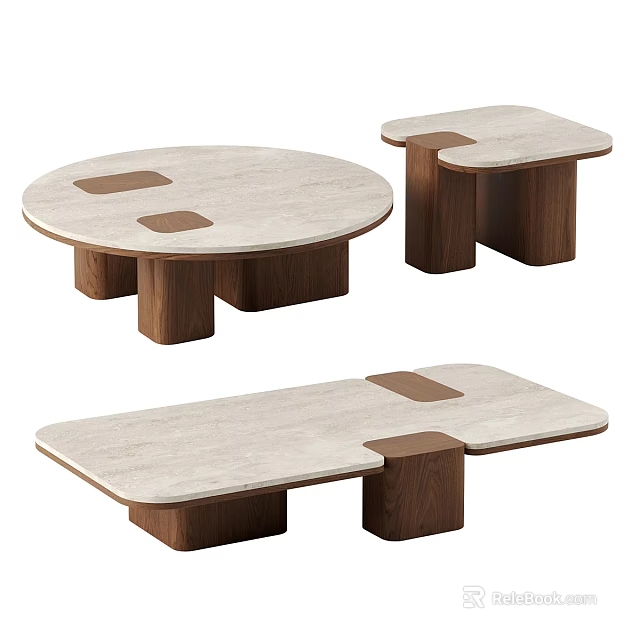 Modern Coffee Tables With Light Colored Marble Top Dark Wooden Legs And Dark Square Patches 3d model 
