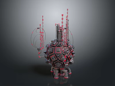 Futuristic Sci Fi Mechanical Sphere With Red Black Geometric Patterns Red Antennas And Mechanical Legs 3d model