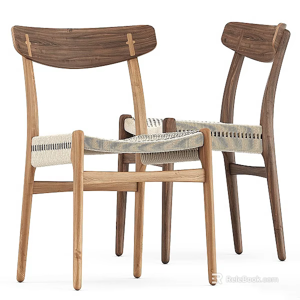 Minimalist Natural Wooden Frame Leisure Chairs With Woven Rattan Seat And Backrest 3d model 