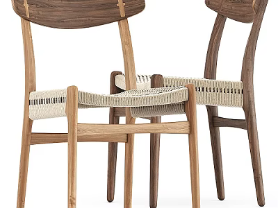 Minimalist Natural Wooden Frame Leisure Chairs With Woven Rattan Seat And Backrest 3d model