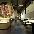 Traditional Japanese Restaurant With Wooden Partitions Lantern Decorations Dining Tables Chairs Green Plants Patterned Wallpaper