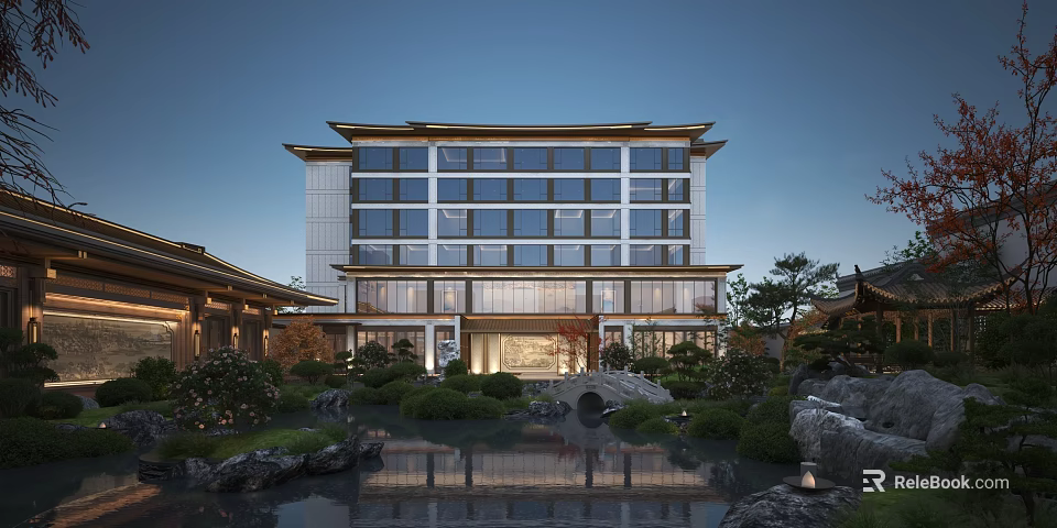 Elegant Modern Sales Office Building With Multi Story Glass Facade Waterfront Garden And Stone Bridge 3d model 