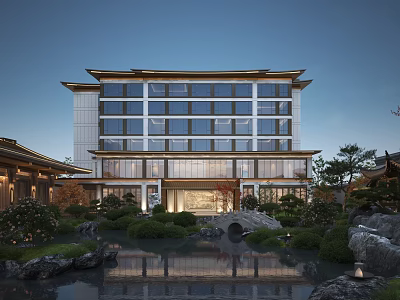 Elegant Modern Sales Office Building With Multi Story Glass Facade Waterfront Garden And Stone Bridge 3d model