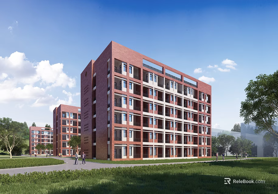 Red Brick Multi Storey School Building In Campus With Blue Sky Green Lawn And Pedestrians 3d model 
