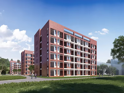 Red Brick Multi Storey School Building In Campus With Blue Sky Green Lawn And Pedestrians 3d model