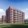 Red Brick Multi Storey School Building In Campus With Blue Sky Green Lawn And Pedestrians