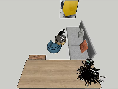 Modern Sofa and Coffee Table Set with Gray Upholstery Orange Cushion Blue Armchair and Plant 3d model