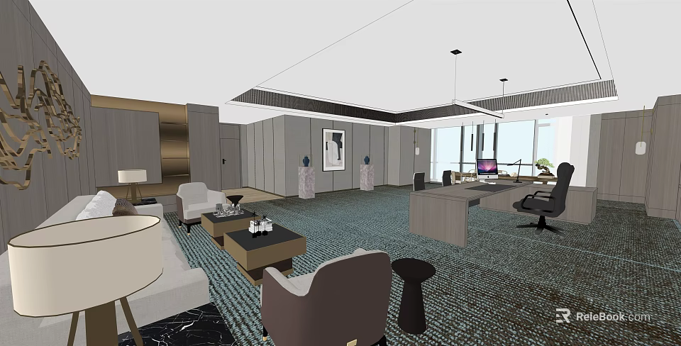 Modern Office Interior Design With Office Desk Sofa Coffee Table And Decorative Painting 3d model