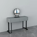 Minimalist Gray Dressing Table With Two Drawers Black Legs And Round Mirror Stand