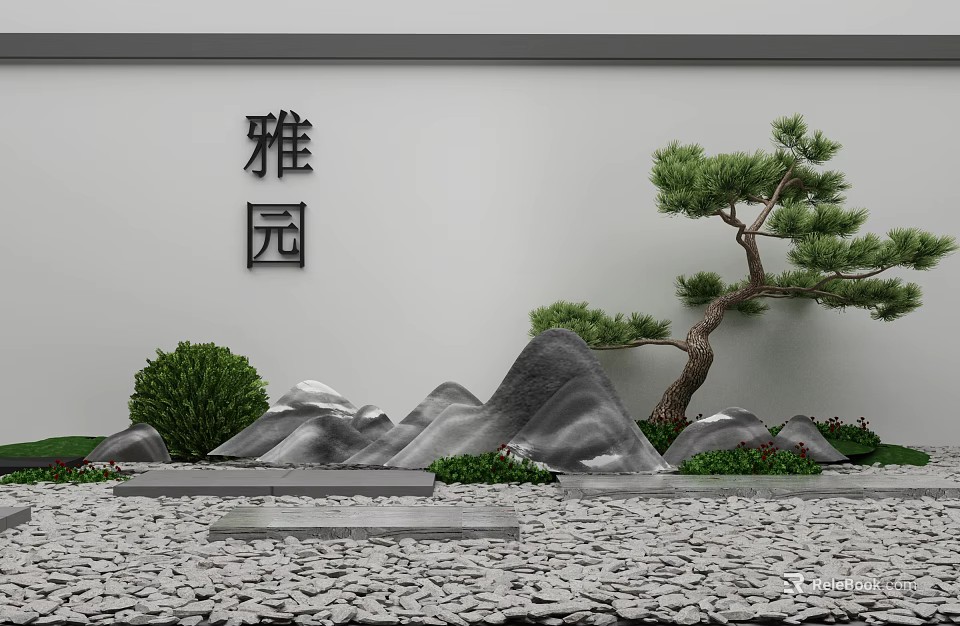 Karesansui Garden Design with Rock Formations Pine Tree Shrubs and Gravel in Ya Yuan 3d model 