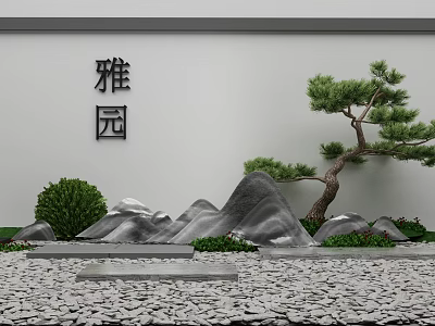 Karesansui Garden Design with Rock Formations Pine Tree Shrubs and Gravel in Ya Yuan 3d model