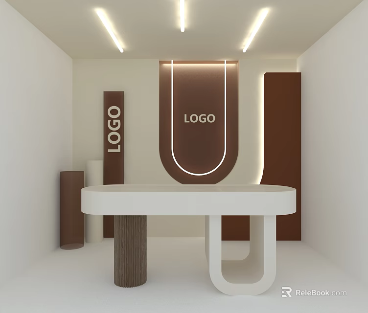 Mall Store Modern Interior Design with White Brown Logo Display Reception Table and Lighting 3d model 
