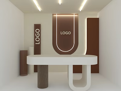 Mall Store Modern Interior Design with White Brown Logo Display Reception Table and Lighting 3d model
