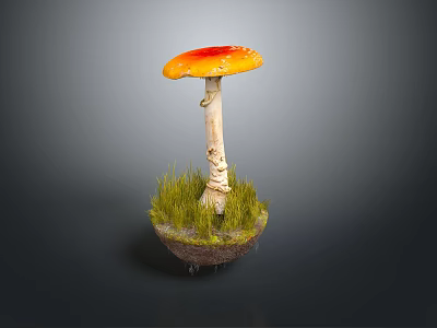 Vibrant Orange Cap Mushroom with White Stem and Green Grass on Base against Dark Background 3d model