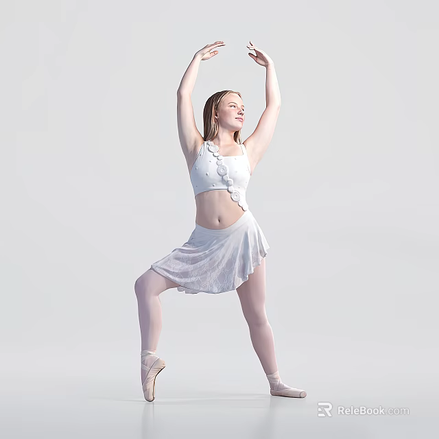 Woman Practicing Ballet Pose In White Dance Outfit With Pointe Shoes 3d model 