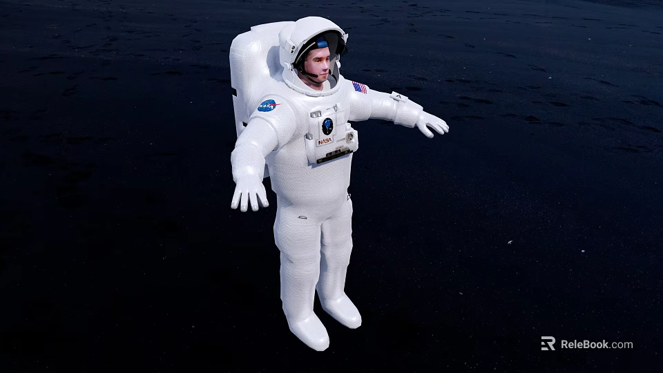 Man in White Astronaut Suit Standing on Dark Lunar Surface with Extended Arms 3d model 
