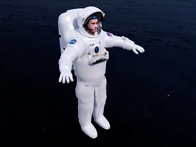 Man in White Astronaut Suit Standing on Dark Lunar Surface with Extended Arms 3d model