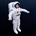 Man in White Astronaut Suit Standing on Dark Lunar Surface with Extended Arms