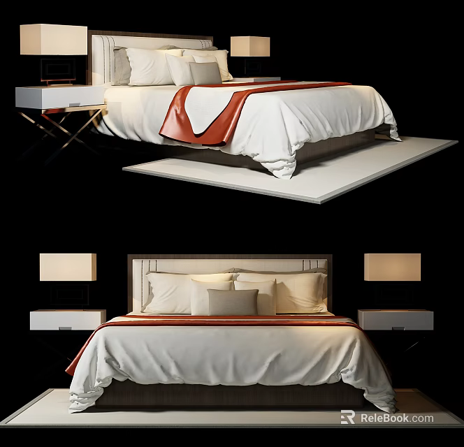 Modern Double Bed with White Bedspread Red Accent Headboard and Nightstands with Table Lamps 3d model 