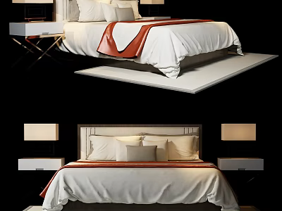 Modern Double Bed with White Bedspread Red Accent Headboard and Nightstands with Table Lamps 3d model