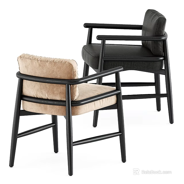 Stylish Modern Single Chairs With Black Wooden Frame And Beige Dark Fabric Upholstery 3d model 