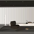 White Vertical Slat Curtains In Modern Interior With Green Armchair Trees Outside And Round Cushions