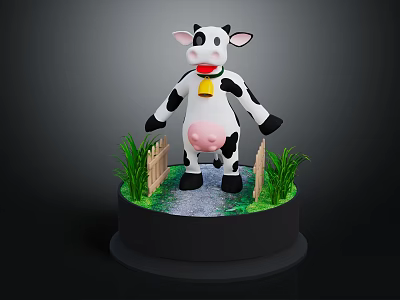 3D Black And White Spotted Cow Figure With Bell Grass And Wooden Fence On Base 3d model