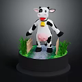 3D Black And White Spotted Cow Figure With Bell Grass And Wooden Fence On Base
