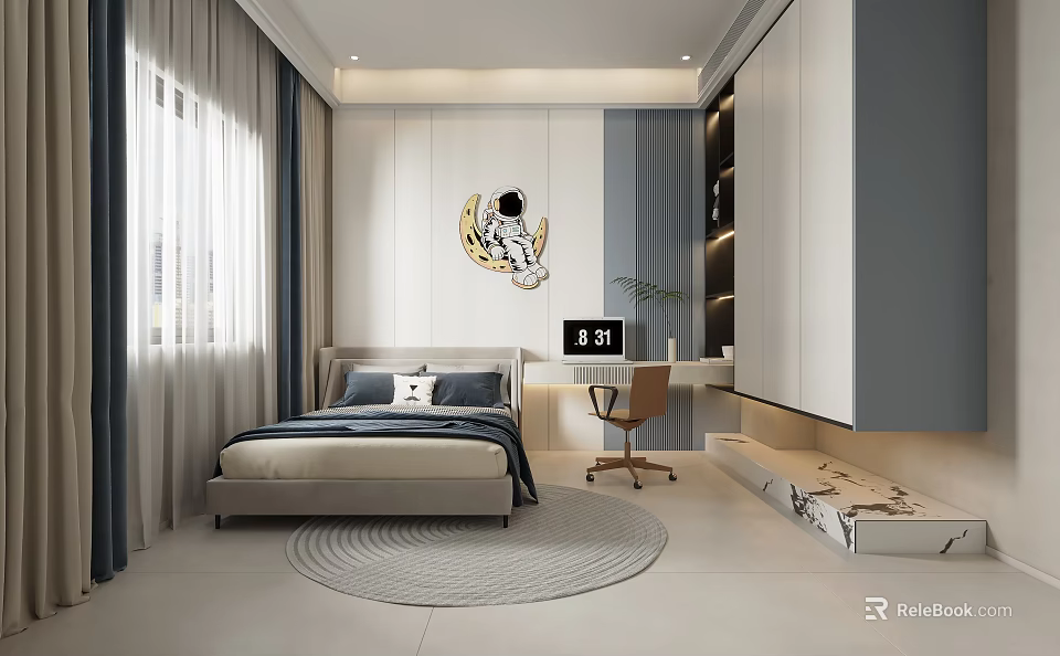 Modern Kids Room Interior Design With Astronaut Wall Decor Bed Desk And Wardrobe 3d model 