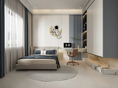 Modern Kids Room Interior Design With Astronaut Wall Decor Bed Desk And Wardrobe 3d model