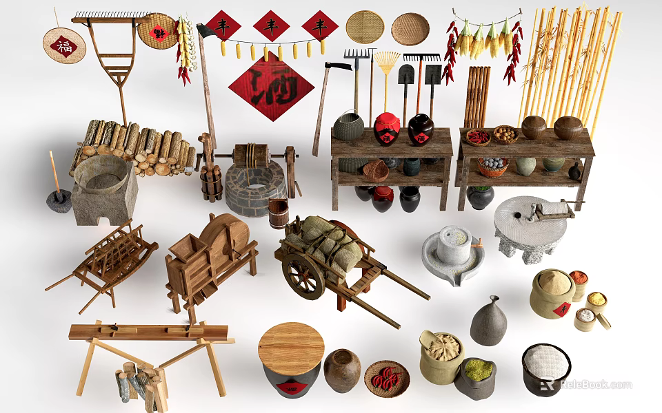 Traditional Agricultural Equipment With Various Tools Grain Containers And Farm Produce 3d model 