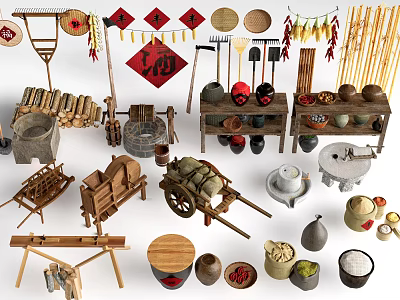 Traditional Agricultural Equipment With Various Tools Grain Containers And Farm Produce 3d model