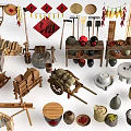 Traditional Agricultural Equipment With Various Tools Grain Containers And Farm Produce