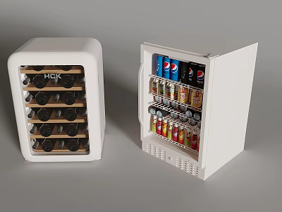 White Compact Wine Cooler and Mini Fridge Interior with Wine Bottles and Beverage Cans 3d model