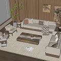Quiet Chinese and Ancient Style Sofa Tea Table Combination Multi-person Sofa Solid Wood Sofa Double Sofa Solid Wood Coffee Table Leisure Chair 3d model