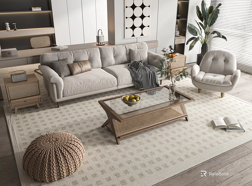 Modern Sofa and Coffee Table Combination With Light Gray Upholstery Glass Top and Wooden Base 3d model 