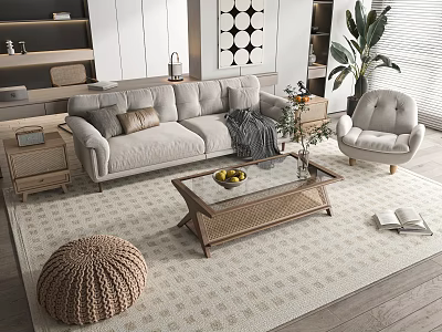 Modern Sofa and Coffee Table Combination With Light Gray Upholstery Glass Top and Wooden Base 3d model