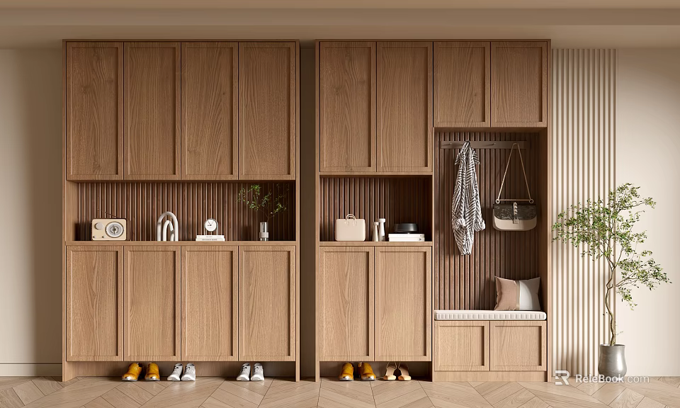 Modern Wooden Shoe Cabinet With Storage Hanging Area Bench Cushion And Plants 3d model 