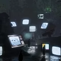 Futuristic Architectural Display Panels With Illuminated Screens Shadowy Figures And Glowing Edges