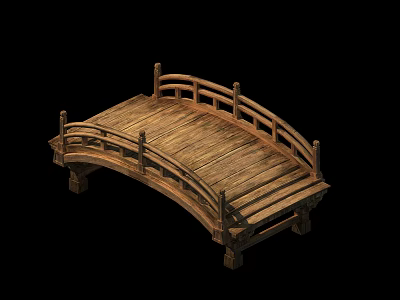 Traditional Wooden Arch Bridge Design with Curved Railings and Classic Structure 3d model